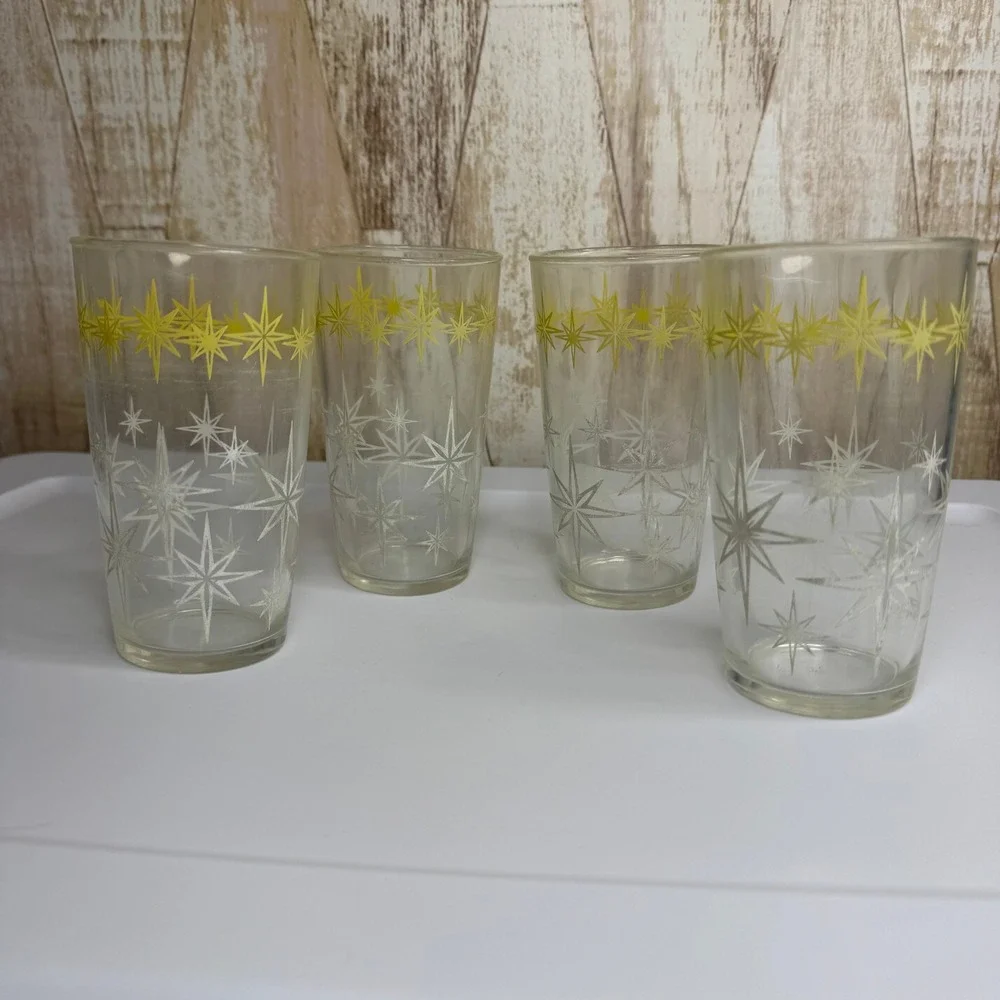 Vintage Hazel Atlas Starburst Glass Tumblers Set of 4 Yellow White Mid Century